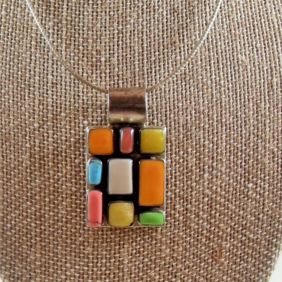 Mexico Sterling Jewelry - Sterling Mexico gemstone inlay pendant necklace